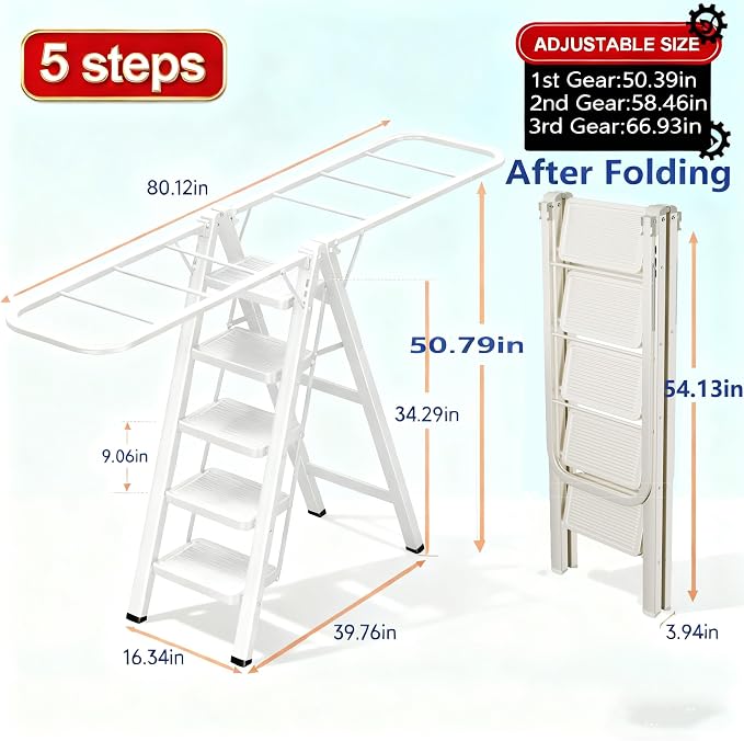 Floor Standing Clothes Drying Rack, 5 Step Folding Ladder, 3-in-1 Collapsible - Image 5
