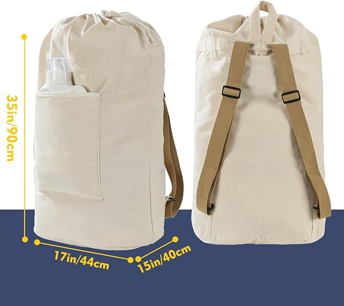Canvas Laundry bag, Washable Laundry backpack, Adjustable Straps, Large Front - Image 2