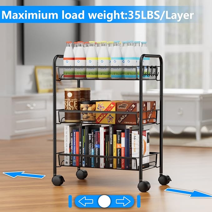 OVICAR Mesh Wire 3 Tier Rolling Cart, Kitchen Storage Utility Cart, Full Metal - Image 4