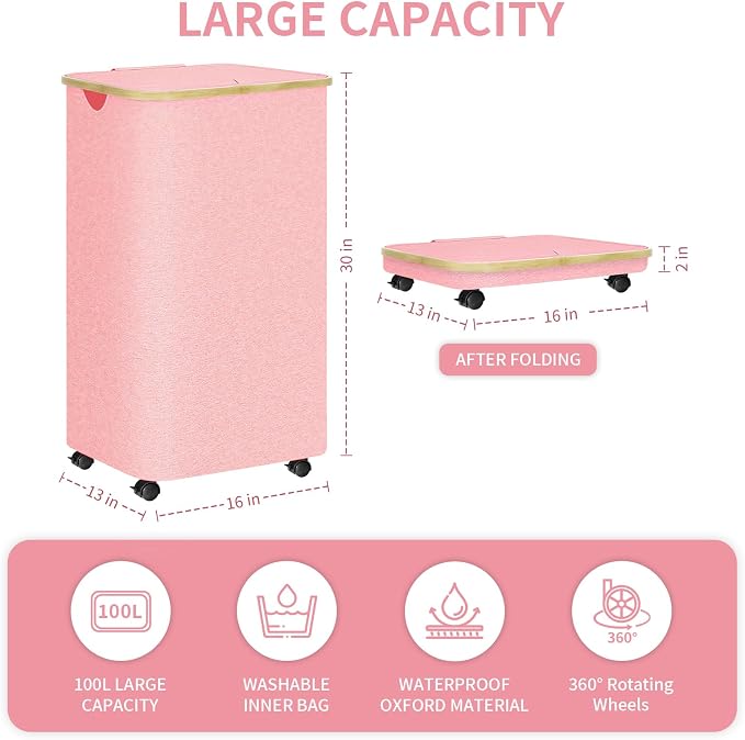 100L Pink Laundry Hamper on Wheels, Large Laundry Hamper - Image 2
