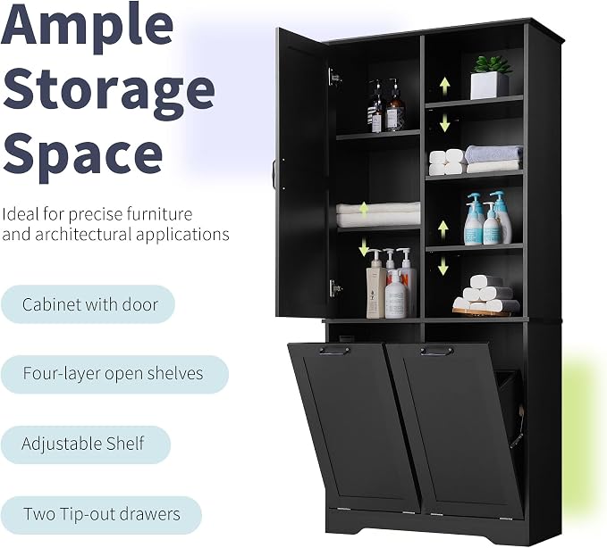 Merax Cabinet with Tilt-Out Laundry Hamper Basket, Tall Bathroom Storage - Image 7