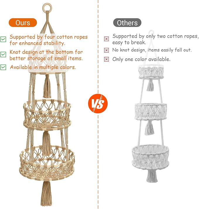 3 Tier Hanging Fruit Baskets for Kitchen, Macrame Plant Hanger Cotton Rope - Image 7