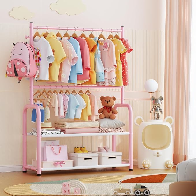 Kids Clothing Rack with 2-Layer Storage Shelf and 2 Adjustable Hanging Rods - Image 5