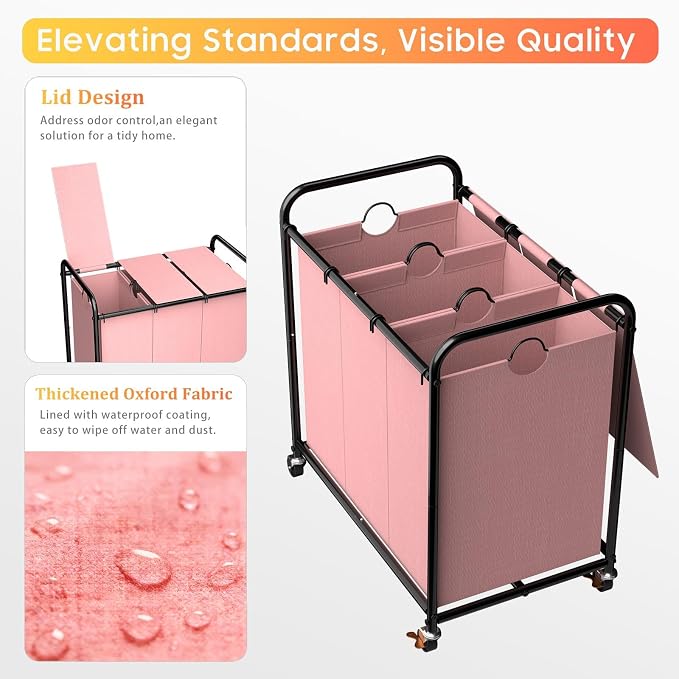 180L Laundry Sorter 3 Section, Rolling Laundry Basket - Image 3