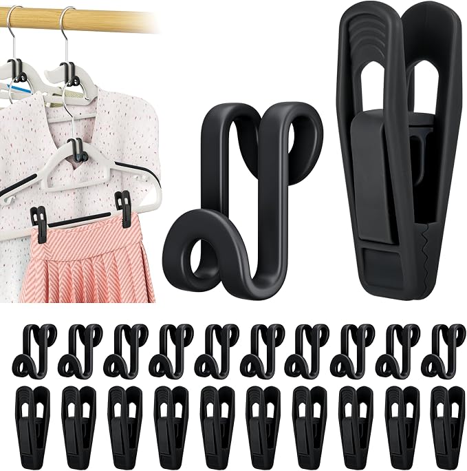 Tinfol Black 60pc Clothes Hanger Connector Hooks and 20pc Plastic Hanger Clips by Tinfol