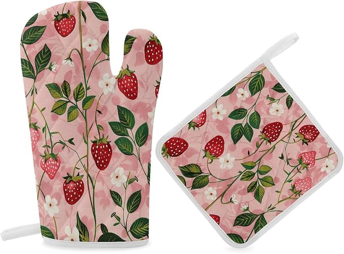 Peach Strawberry Print Oven Mitts and Pot Holders Sets Heat Resistant Kitchen by Unknown