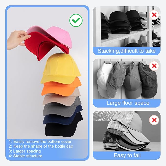 Hat Organizer for Baseball Caps, 2 Pack Hat Rack for Wall Hold up to 18 Hats - Image 2