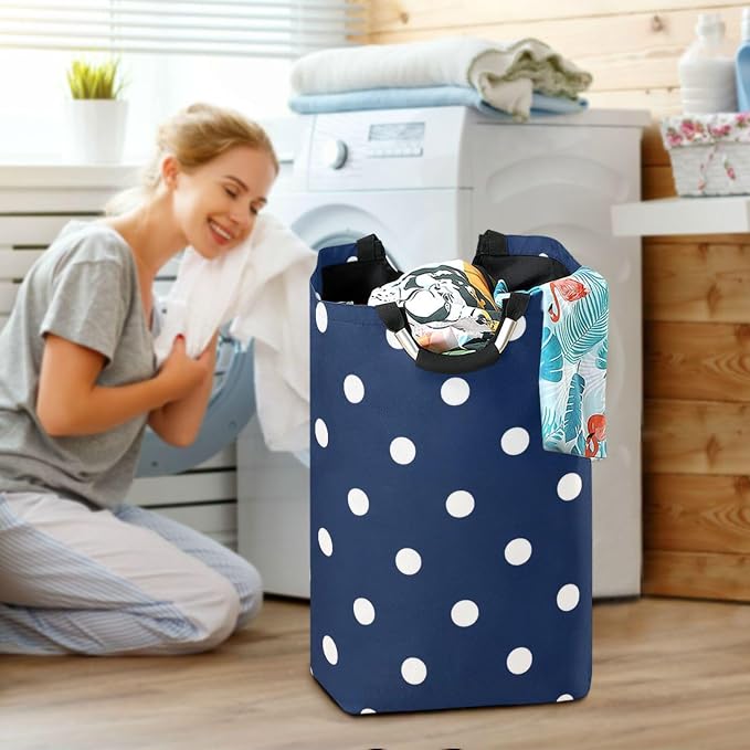 Navy Blue Polka Dot laundry baskets, folding and waterproof large laundry - Image 6