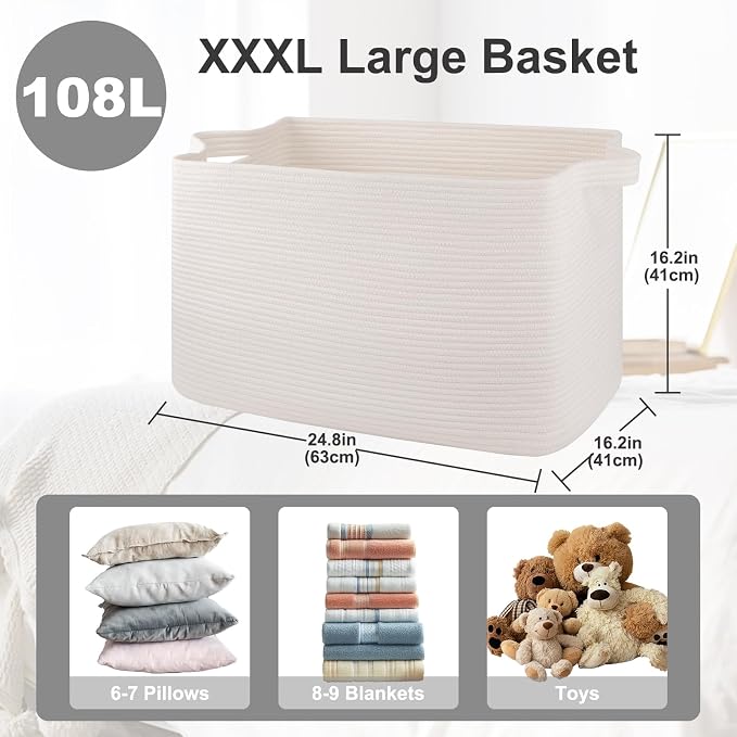 108L Extra Large Blanket Basket, 24.8" x 16.2" x 16.2" Rectangle Woven Storage - Image 2