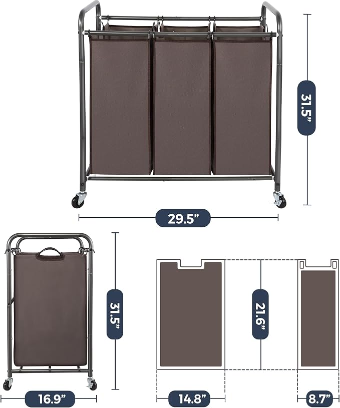 STO STO Laundry Sorter 3 Section, 3 Bag Clothes Hamper, Rolling Laundry Cart - Image 6