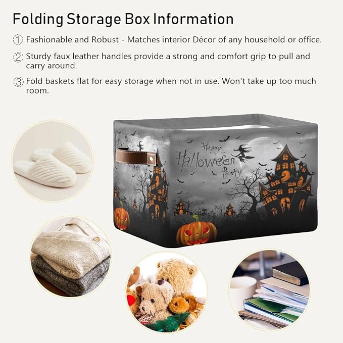 Halloween Spooky Witch Castle Storage Basket Fabric Kitchen Baskets Black Bat - Image 5
