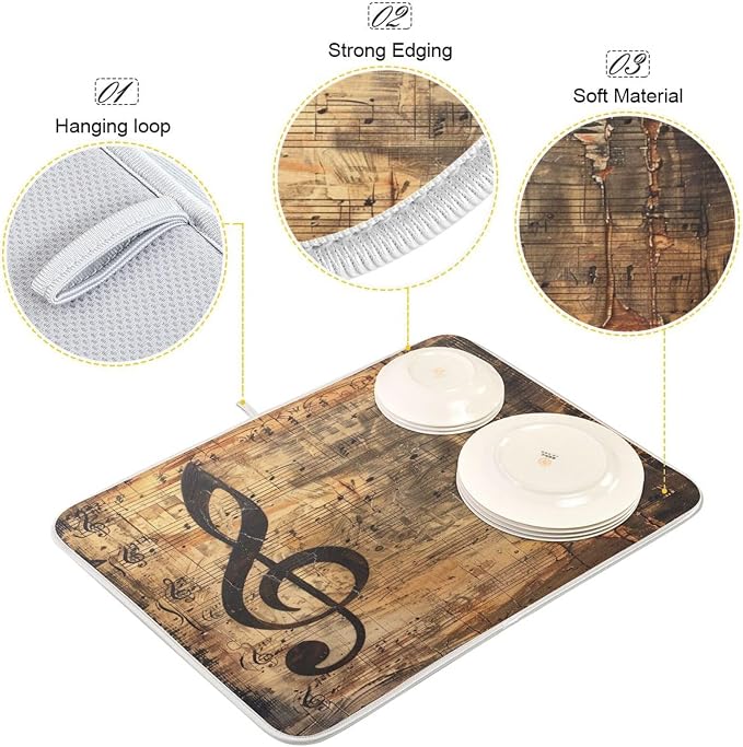 Stylish Music Score Notes Absorbent Dish Drying Mat, 16 x 18 Inch Microfiber - Image 3