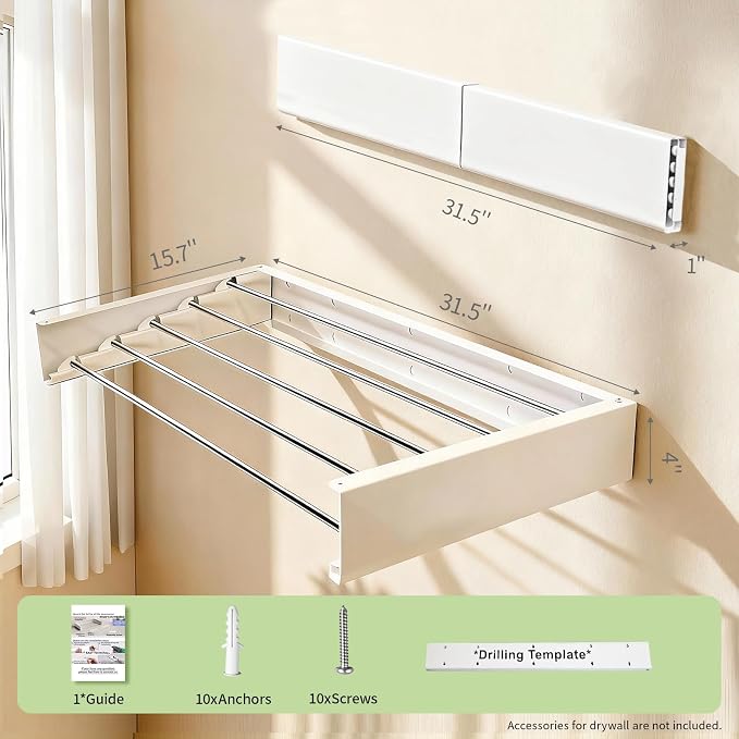 Wall Mounted Drying Rack 31.5'', Foldable Wall Clothes Drying Rack, Space - Image 3