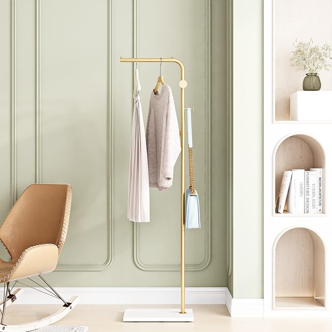 Gold Coat Rack with White Base, Freestanding Entryway Rack with 3 Hooks - Image 5