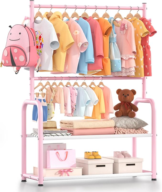 Kids Clothing Rack with 2-Layer Storage Shelf and 2 Adjustable Hanging Rods by Unknown