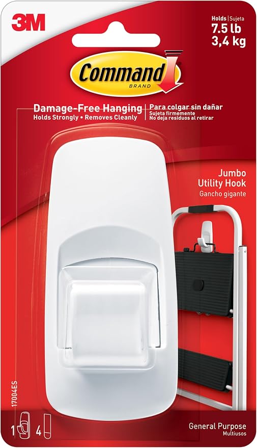 Command 7.5 lb Jumbo Utility Hook, 1 Wall Hook and 4 Strips, Damage-Free Hanger by Command