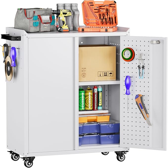 Garage Storage Cabinet with Wheels & Pegboard, Locking Metal Storage Cabinet by GANGMEIMENTALSTORAGECABINET