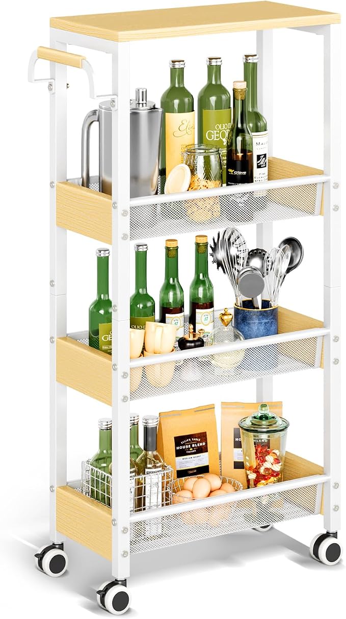 Utility 4 Tier Rolling Cart for Small Spaces, Slim Storage Cart by Srora
