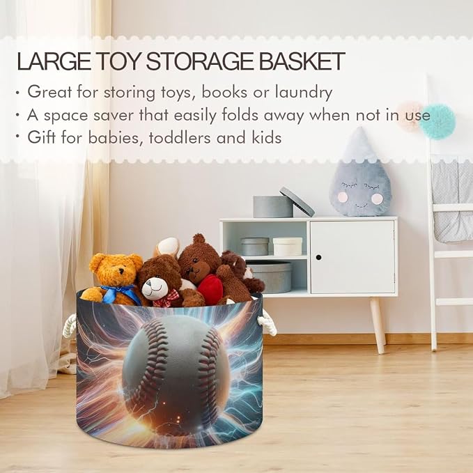 Baseball Print Round Storage Basket Sport Lightning Ball Large Laundry Hamper - Image 6