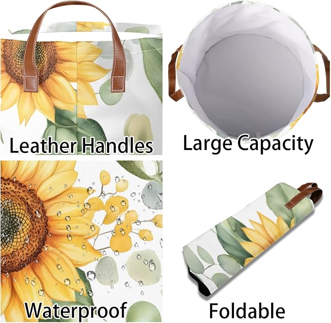 Sunflowers White Laundry Hamper Waterproof Collapsible Basket - Image 3