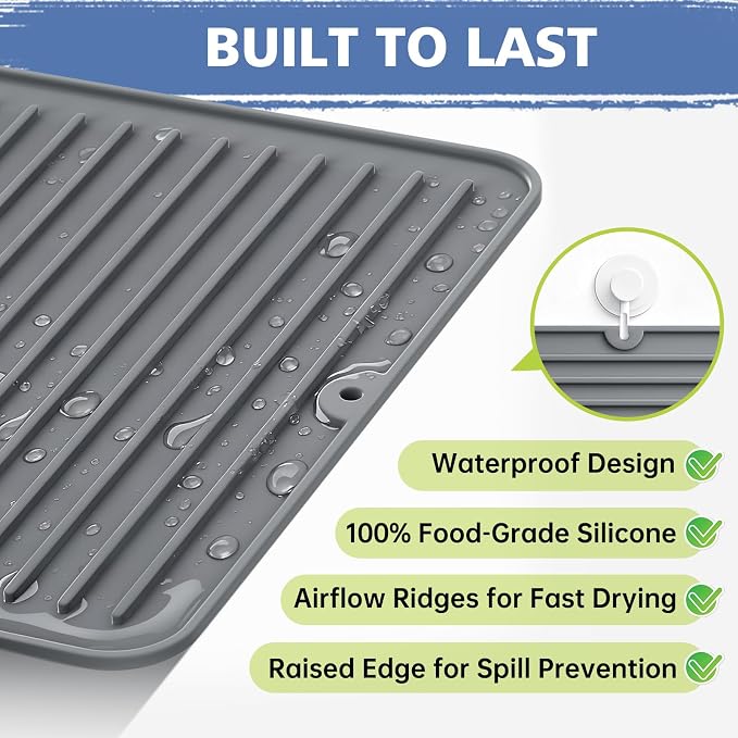 Songrey 12" x 6.5" Silicone Dish Drying Mat, Kitchen Counter Drying Pad - Image 2