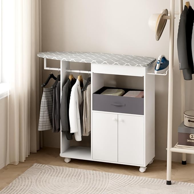 Rolling Ironing Board with Storage Cabinet, Wooden Ironing Board Cabinet with - Image 5