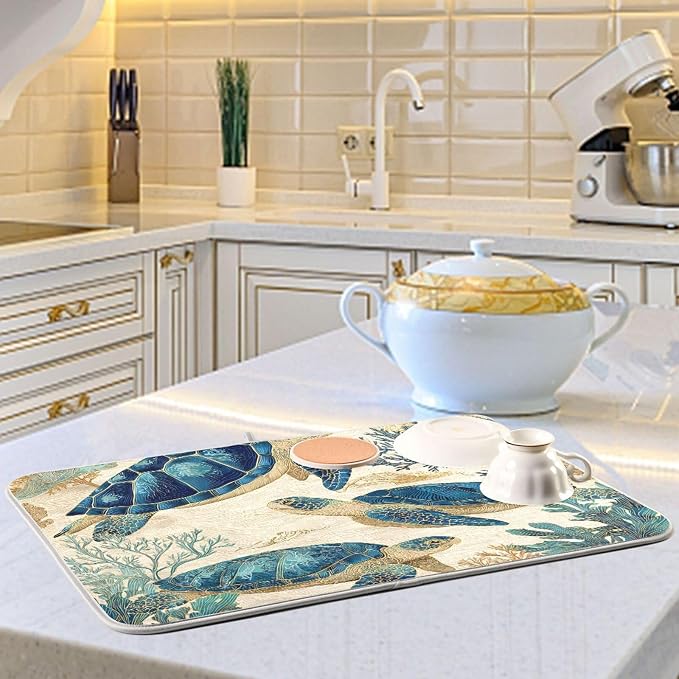 Watercolor Sea Turtle Swimming Pattern Dish Drying Mat Super Absorbent Drying - Image 6