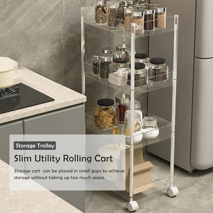 Clear Acrylic Rolling Storage Trolley 4 Tier Slim Utility Cart - Image 3
