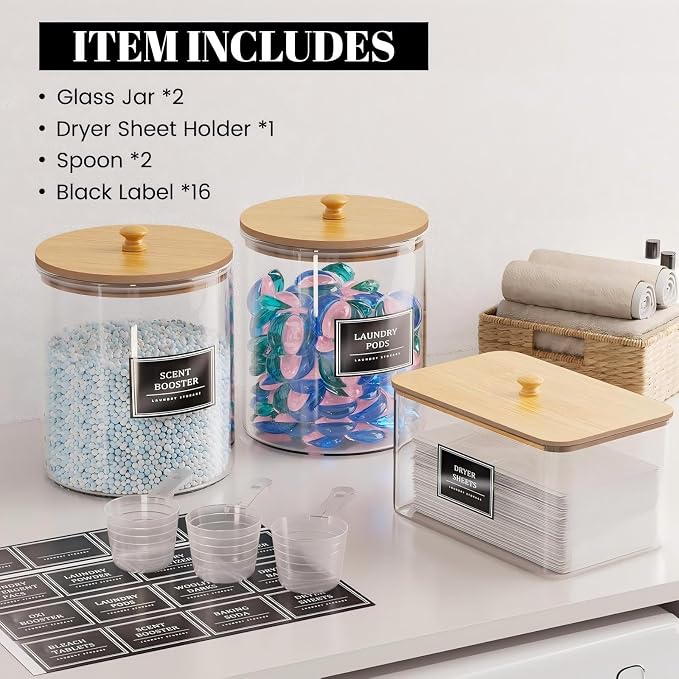 2+1 Pack Glass Laundry Pods Container & Acrylic Dryer Sheet Holder, Powder - Image 4