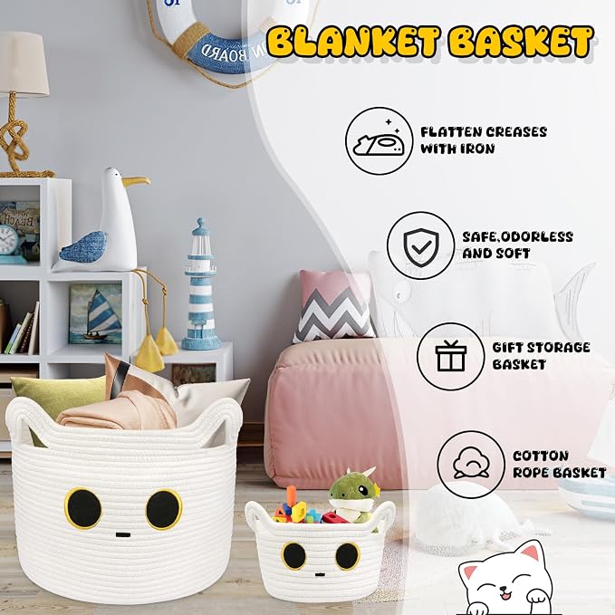Small Storage Cute White Cat Cotton Rope Woven Basket - Image 4