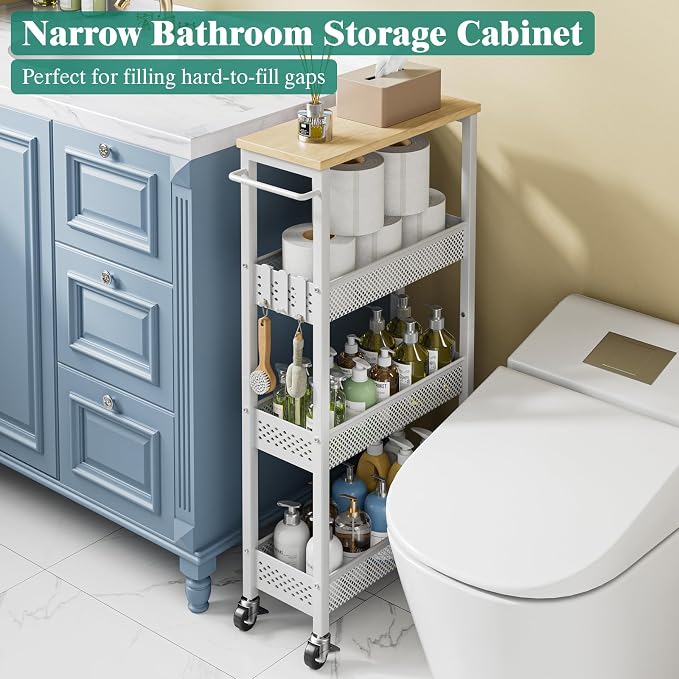 Giwil Slim Rolling Storage Cart 4 Tier Bathroom Organizer Mobile Shelving Unit - Image 3