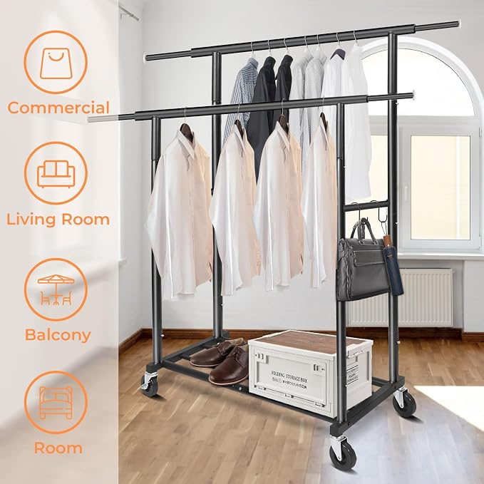 Stand Portable Black Double Rods Garment Rack - Image 8