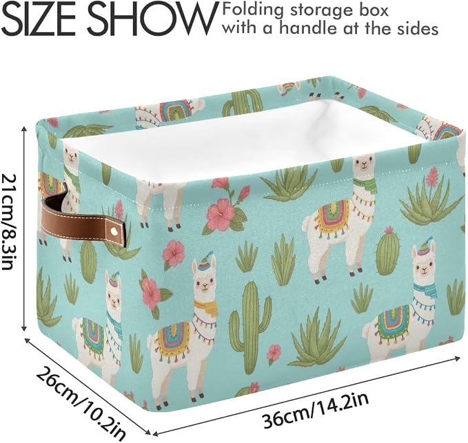 Storage Basket Cute Llama Cacti Plant Blue Storage Box Collapsible Closet - Image 3