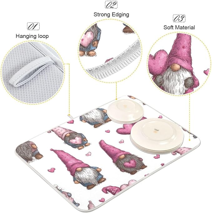 Cute Gnomes with Pink Hats Dish Drying Mat Super Absorbent Drying Mat 18x24 - Image 4