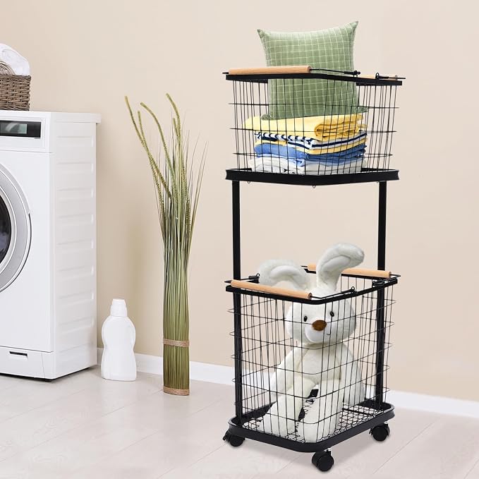 Laundry Basket with Wheels, 2 Tier Wire Laundry Cart Rolling Hamper Dirty - Image 3