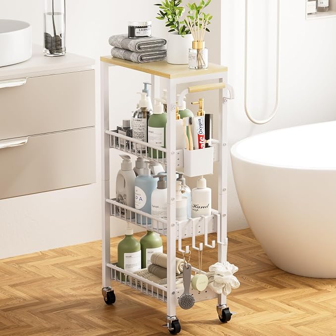 Slim Bathroom Storage Cart, 4 Tier Small Rolling Organizer Cabinet by DTUQYX
