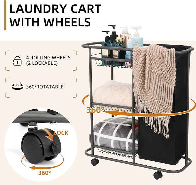 Rolling Laundry Cart with Wheels: 3-Tier Laundry Caddy Between Washer and Dryer - Image 2