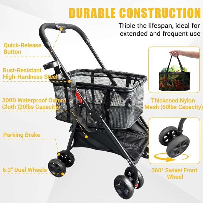Upgraded Folding Shopping Cart, Detachable Baskets & 360°Swivel Wheels - Image 3