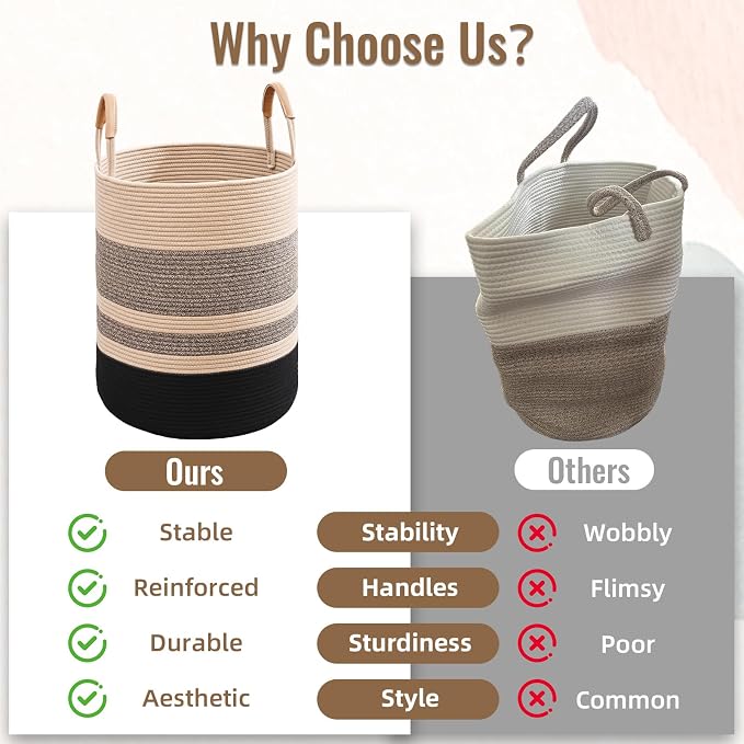 60L Striped Laundry Basket, Woven Cotton Rope Storage Bin - Image 7