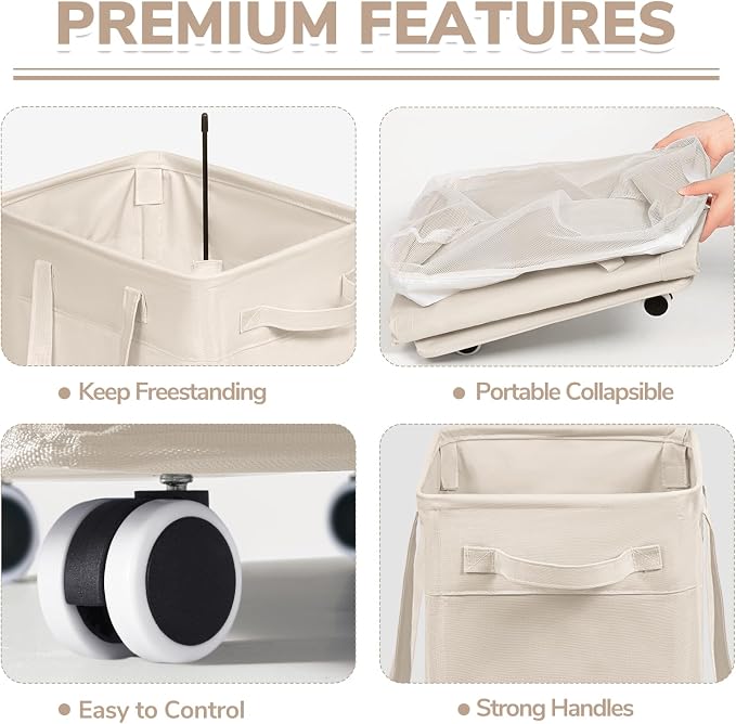 CHICVITA Collapsible Laundry Basket on Wheels 75L, Slim Laundry Hamper - Image 3