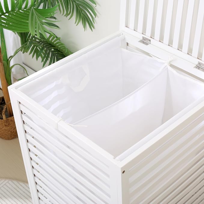 Double Laundry Hamper with Lid, 120L Bamboo Basket with Removable Liner Bag - Image 4