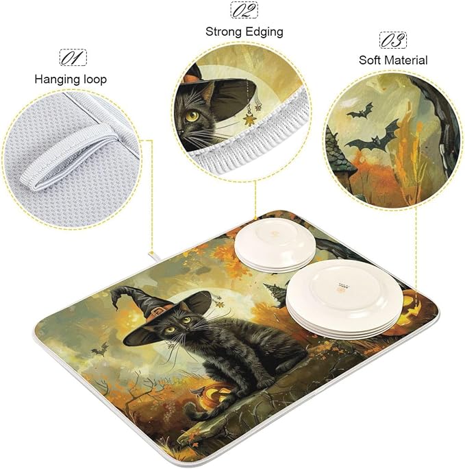 Gorgeous Pattern Kitchen Countertop Dish Drying Mat, Halloween Graveyard Black - Image 3