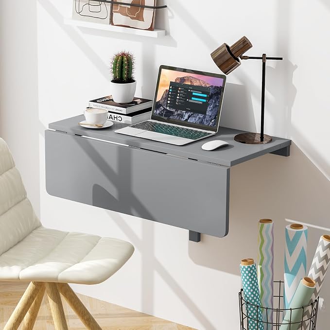 Giantex Wall Mounted Folding Table, 31.5" x 23.5" Wood Murphy Desk Drop-Leaf - Image 2