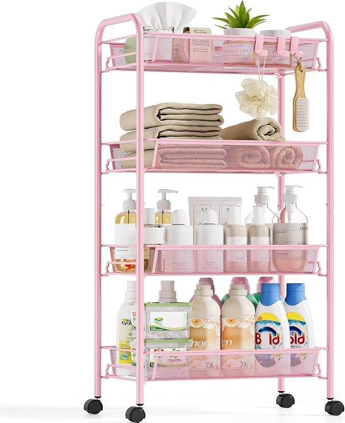 4-Tier Metal Utility Cart, Mesh Wire Rolling Cart on Wheels, Storage Trolley by SYKIARIOL