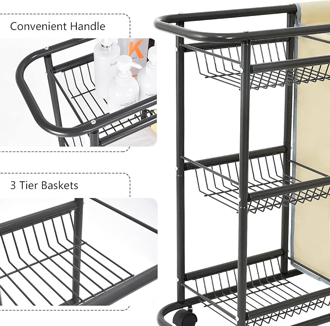 Laundry Sorter Cart Movable Bathroom Organizer Gray Laundry Storage Baskets - Image 2