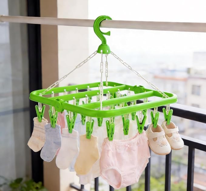Laundry Hangers with 32 Clips, Clothespin Rack Foldable Laundry Drying Rack - Image 2