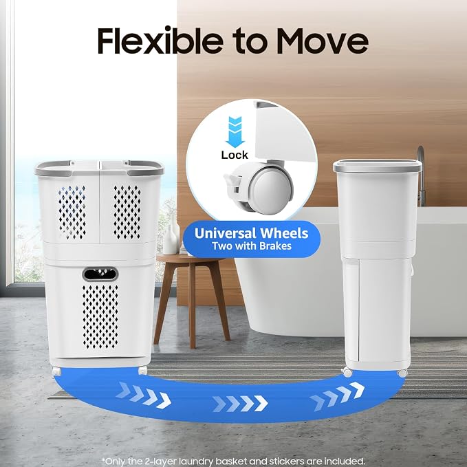 2 Tier Laundry Basket with Wheels & Handle, Stackable & Removable Laundry - Image 4
