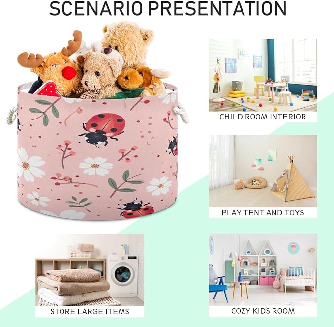 Lady Bugs on Pink Laundry Basket Extra Large Storage Basket 20" x 14" Blanket - Image 4