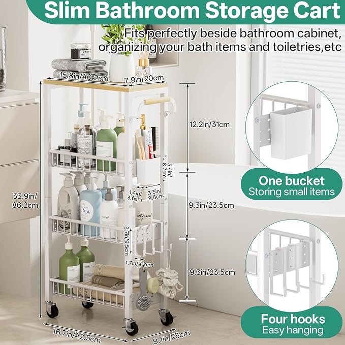 Laundry Room Organization Cart, 4 Tier Slim Rolling Cart - Image 2
