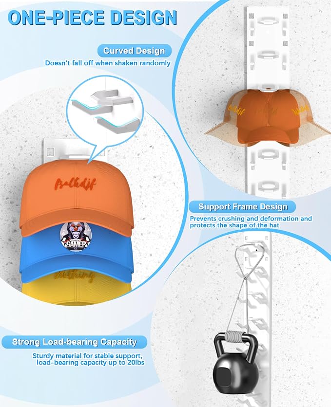 2 Pack Hat Organizer for Baseball Caps, Strong Adhesive Hat Rack for Wall - Image 2